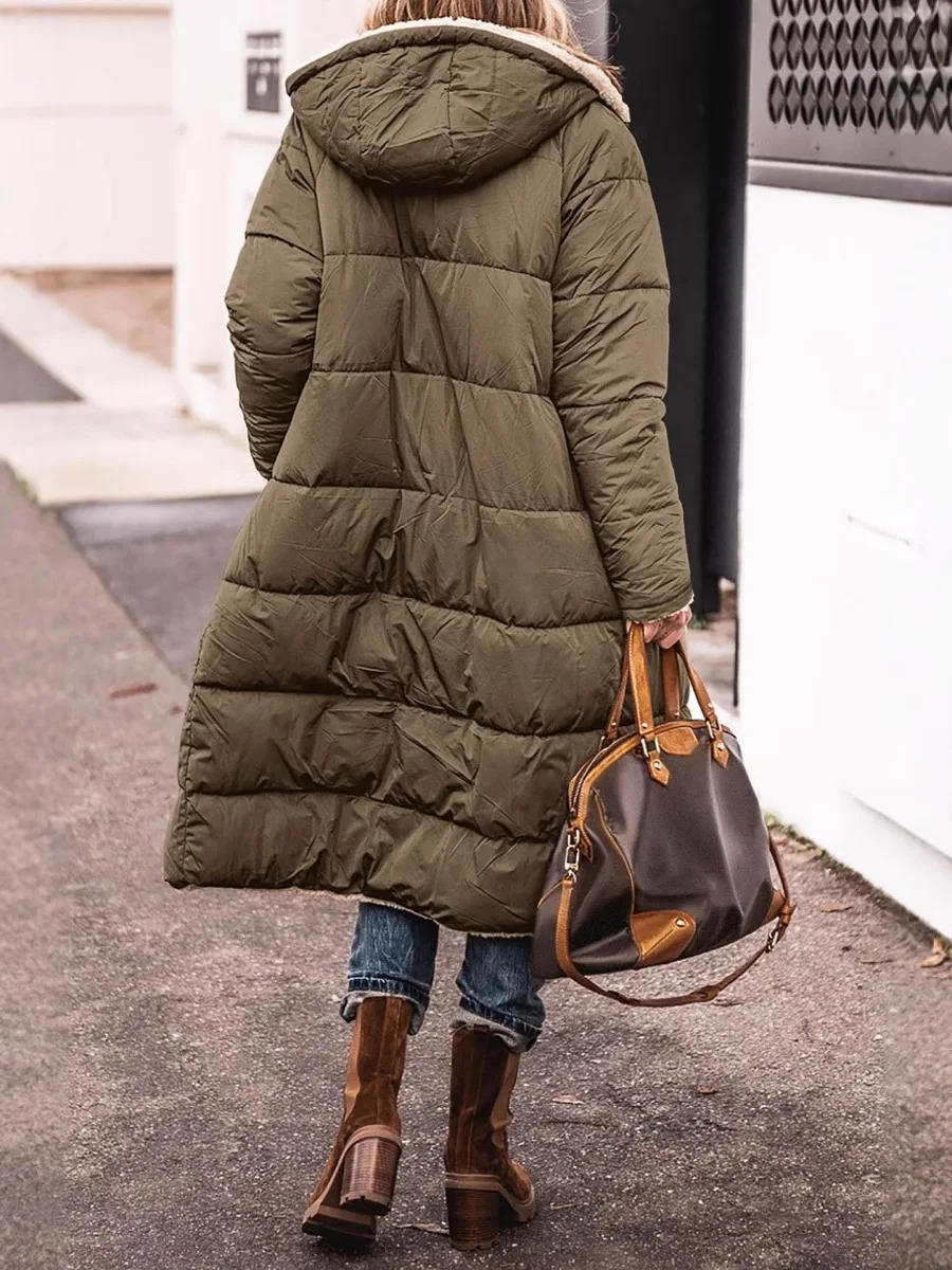 Women's Slim Fit Hooded Jacket Autumn Winter Outerwear Thick Velvet Double-Sided Warm Cotton Solid Color Long Medium-Length