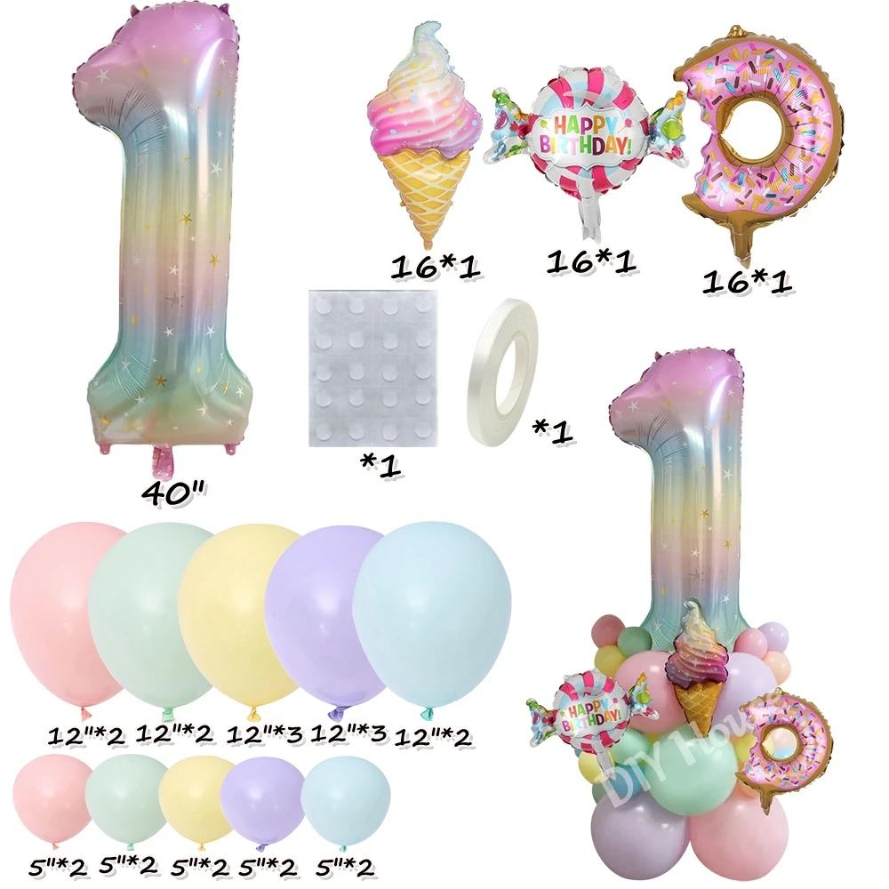 Donut Ice Cream Balloon Tower, Foil Star, Balão Número Arco-íris para Donut da menina, Happy Birthday Party Decorações, DIY Gift, 28pcs