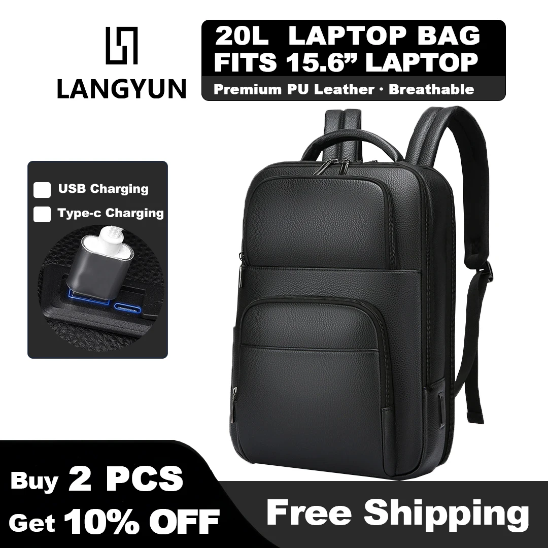 

LANGYUN PU Leather Men's Business Backpack 15.6" Laptop Bag USB Charging Port Large Capacity Work Travel Bags