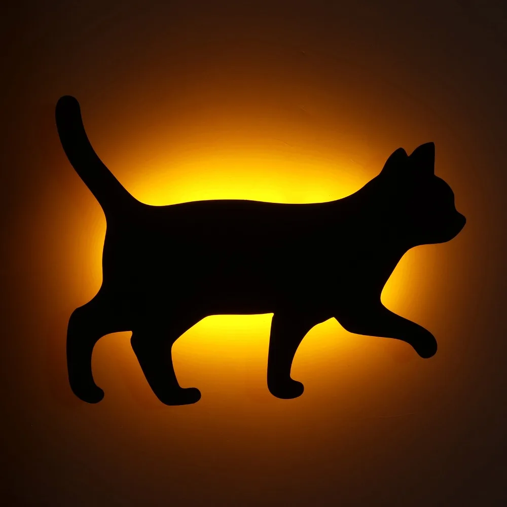 Cute Cat Night Light Cat Shadow Battery Operated Wall Decor Lamp Sound Sensor Voice Activated Wall Light Bedroom