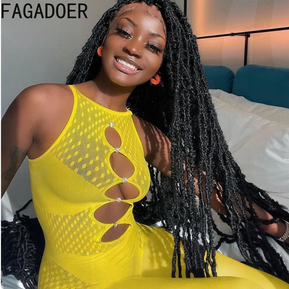 FAGADOER Sexy Mesh Splicing Perspective Bodycon Jumpsuits Women Round Neck Sleeveless Slim Playsuits Female Nightclub Overalls