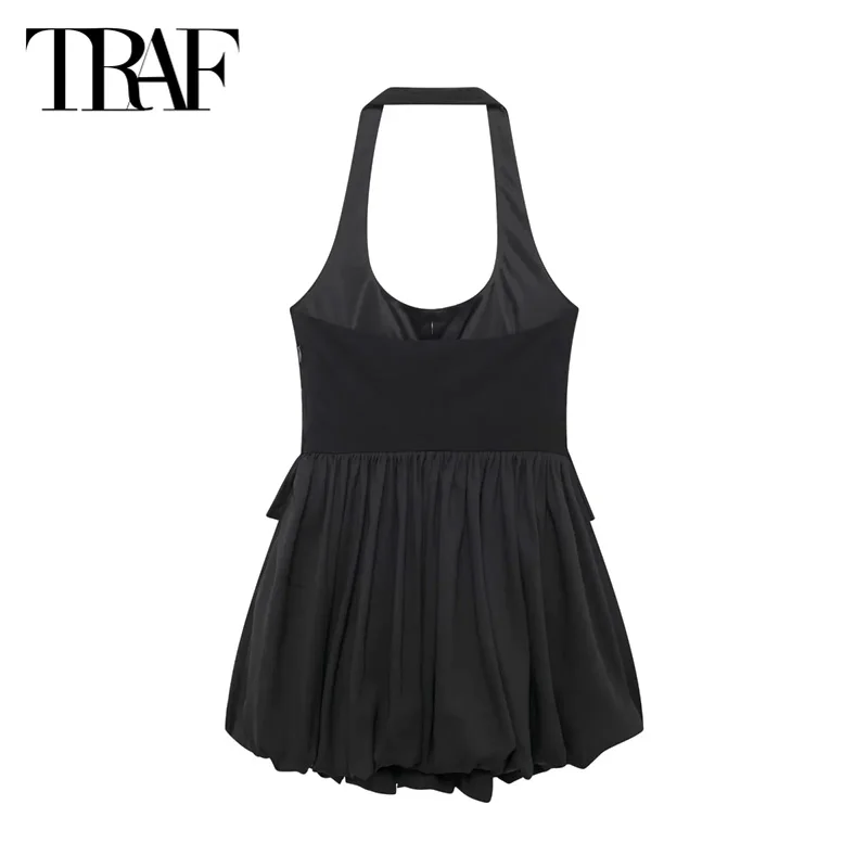 TRAF Black Pleated Short Dresses 2024 Women's Summer Autumn Butterfly Mini Halter Dress Ladies Fashion Casual Backless Dress