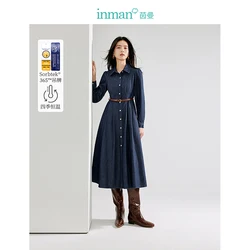 INMAN 2024 autumnwinter commuter Denim dress women's dresses bubble sleeve slimming A-line long skirt（with one free belt）