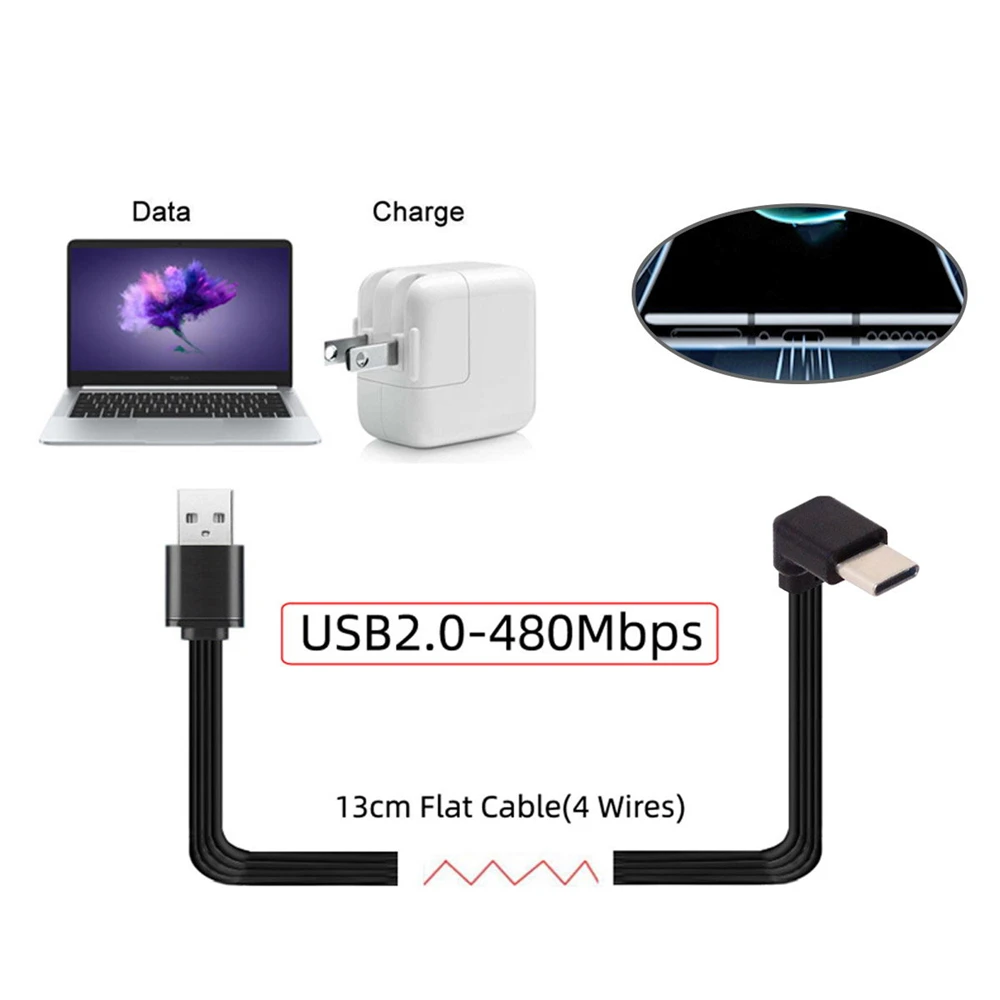 Cablecc 3pcs/lot 13cm USB 2.0 Type-A Male to USB-C Type-C Male Angled Data Flat Slim FPC Cable for FPV & Disk & Phone
