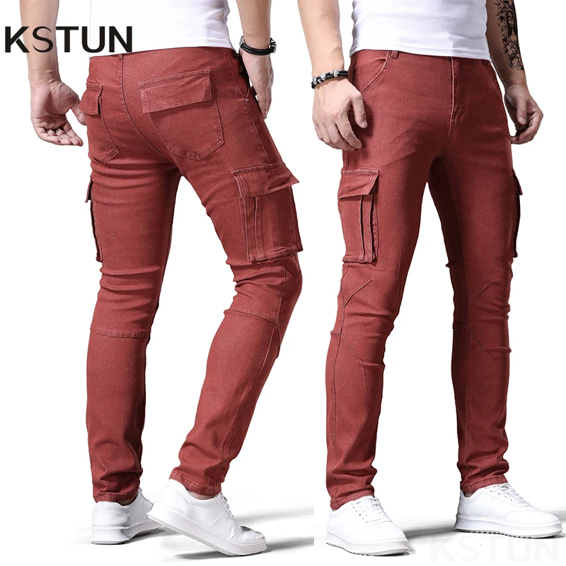 KSTUN Street Jeans elastici da uomo Pantaloni cargo in denim rosso Lavaggio tinta unita Multi tasche Pantaloni casual Slim Fit Abbigliamento quotidiano Jogging