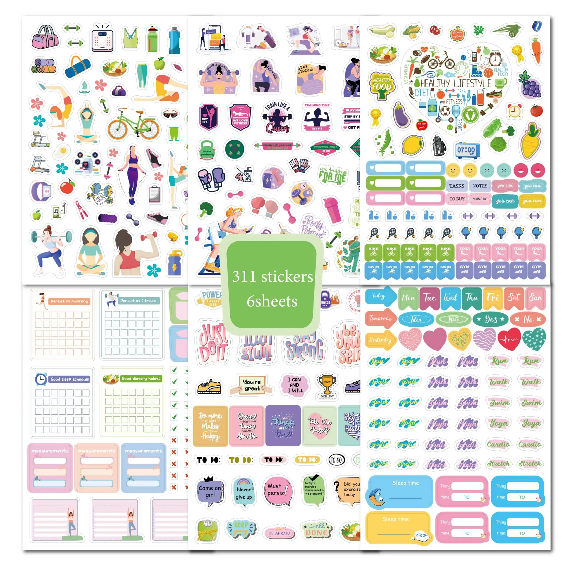 4 أوراق/مجموعة ملصقات اللياقة البدنية - أمي أو طالب، متتبع العادة، للمخطط الأسبوعي واليومي أو التقويم أو المجلات - ملصق للنساء