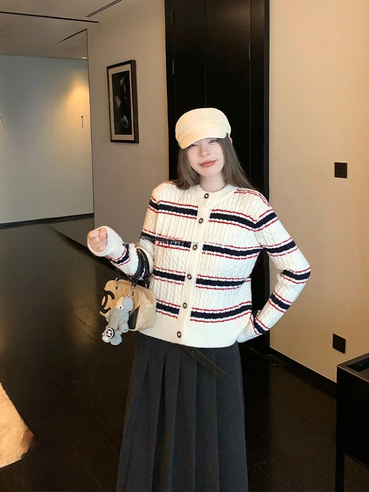 

Женский повседневный полосатый вязаный кардиган Luu с длинными рукавами, короткий дизайн, весенне-осенний топ, удобный, в корейском стиле, для повседневной носки