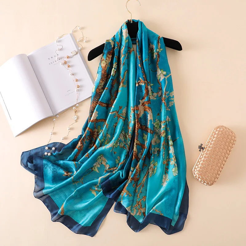 Van Gogh Oil Painting Apricot Flowers Silk Scarf Women Designer Tree Shawl Long Bandana Foulard Femme Luxury Scarves 180*90cm