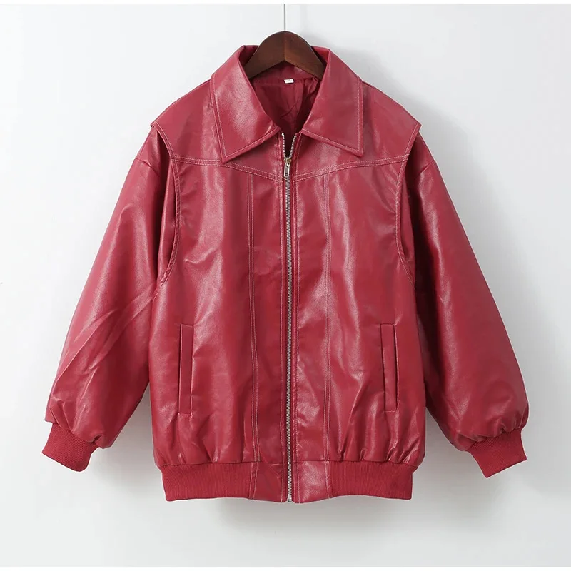 

Faux Leather Women Coats Turn Down Collar Full Sleeve Tight Waist Y2k Streetwear Elegant Splice Work Coat Autumn Winter 2025