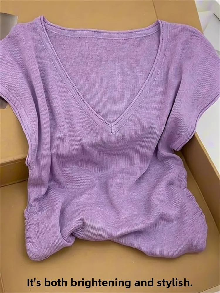 

Faionable V-Ne Knitted ort Sve Top ex Summer Sle Age-Defng Slim Fit Versatile Casual Wear Breathable Moistur...