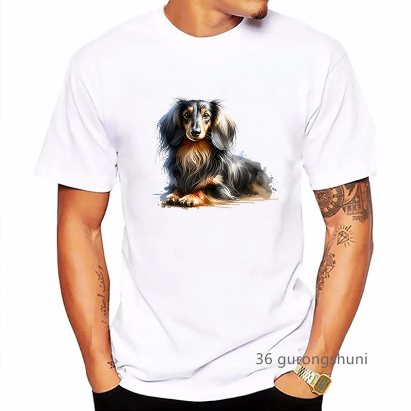 

Colorful Longhaired Dachshund Animal Printed Tshirt Men Summer Fashion Short Sleeve T Shirt Homme Harajuku Shirt