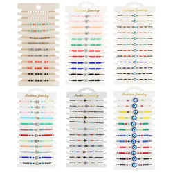 12Pcs/Set Crystal Glass Seed Bead Heart Evil Eye Cross Stone Charms Bracelets For Women Adjustable Handmade Summer Beach Jewelry