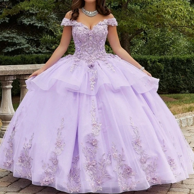 

Lavender Quinceanera Dresses Off the Shoulder Sweet 16 Gowns 3D Flower Applique Beads Tull Vestidos 15 De Quinceañera