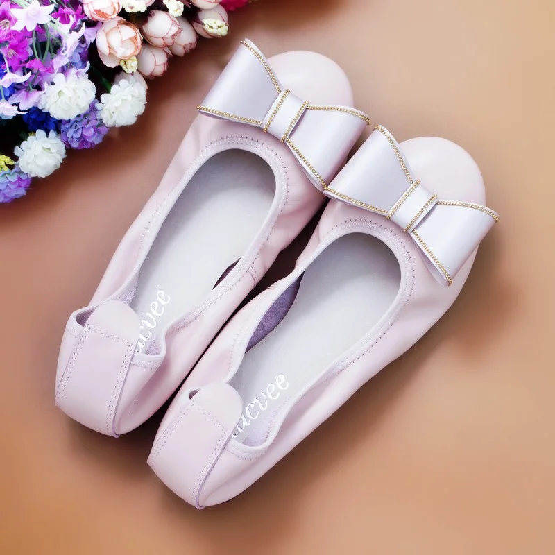 Flats Women Genuine Leather Soft Foldable Ballet Shoes Loafers Driving Shoes For Women Comfort Maternity Footwears Large Size 44