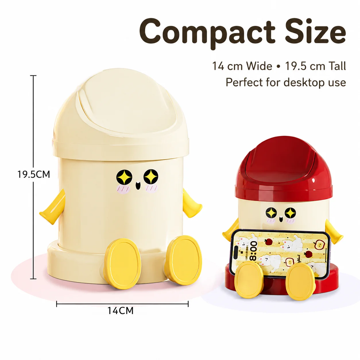 Cute Cartoon Desktop Trash Can with Phone Stand, Mini Flip Lid Waste Bin for Office Desk Bedroom Table Decor