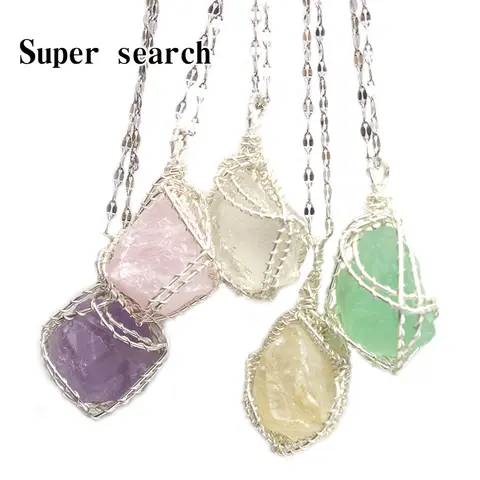 Amethyst Gemstone Necklace Healing Crystal Stone Women Citrine Rose Quartz Handmade Copper Wire Wrap Pendant Gift