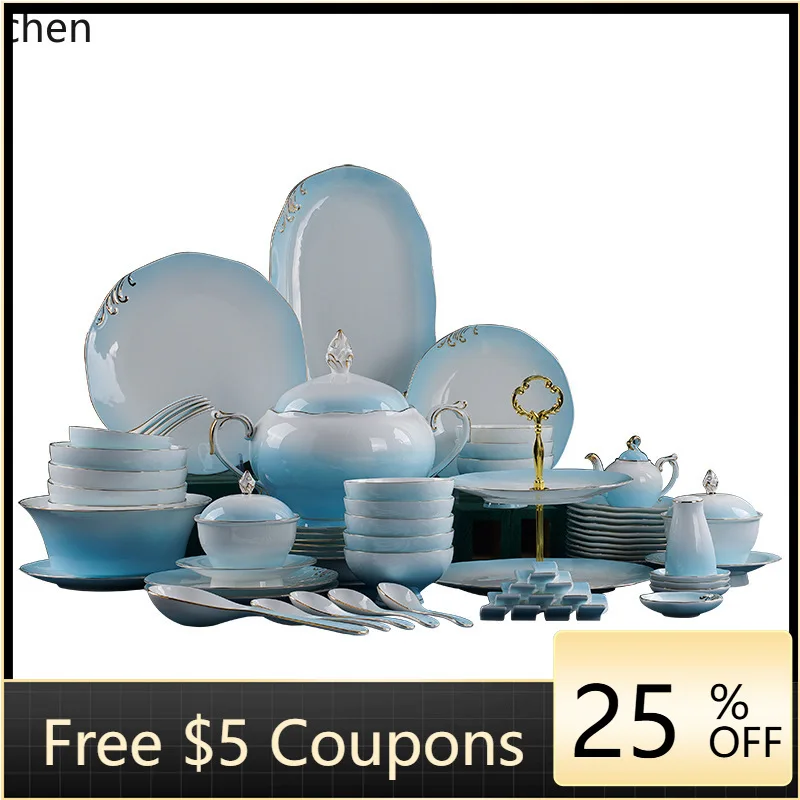 

CZ Gradient Gold Trim Tableware Set Housewarming Gift Palace Style Chinese Bone China