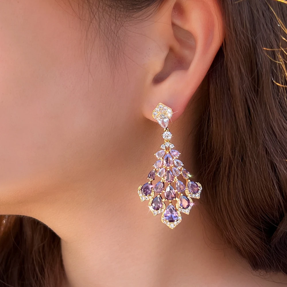 BeaQueen Gorgeous Shiny Purple CZ Stone Big Gold Color Women Drop Earrings Bridal Wedding Anniversary Dress Jewelry Gifts E1156