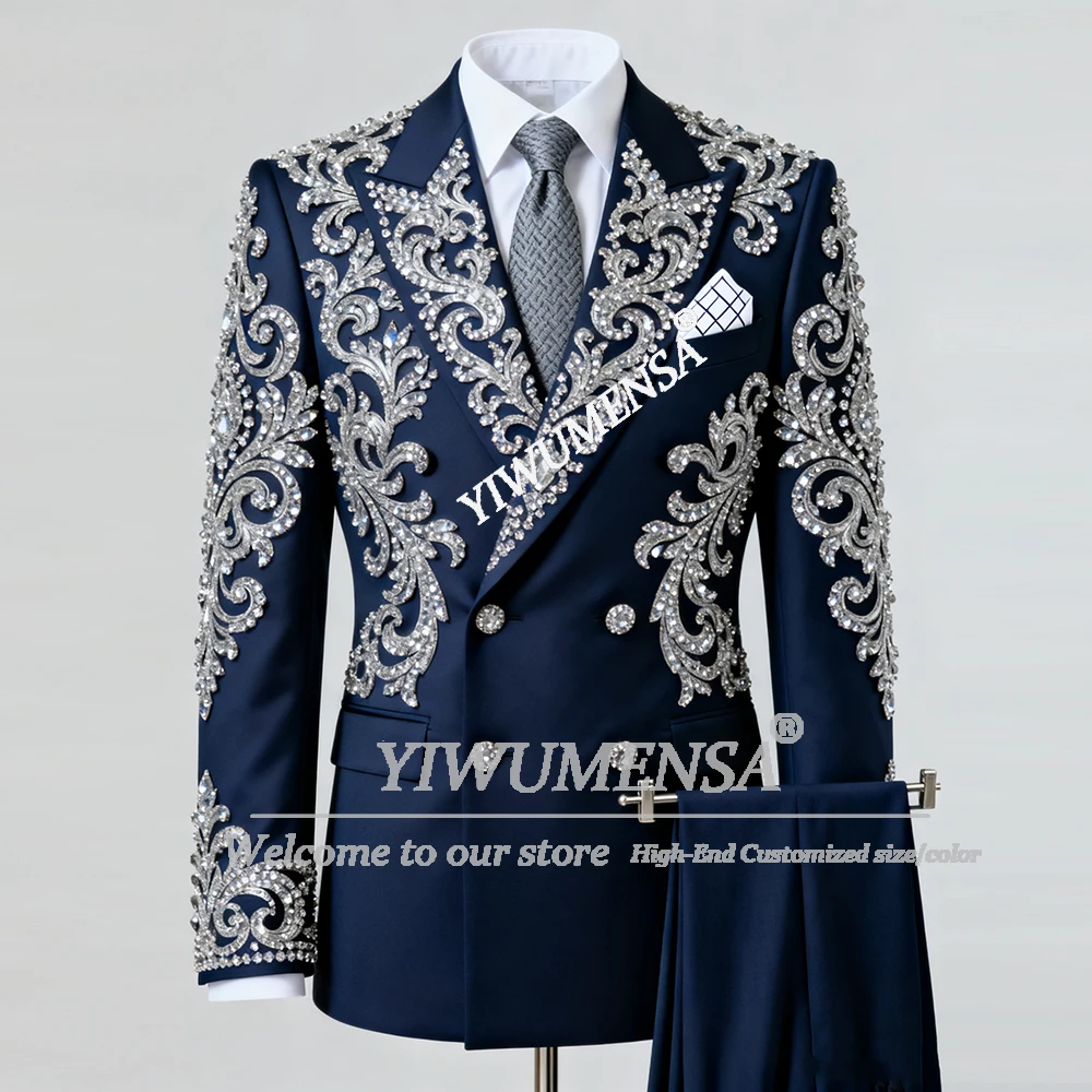 

Exquisite Beaded Stones Suits Men For Wedding Double Breasted Groom Blazers Customized Man Banquet Outfits Slim Fit Ropa Hombre