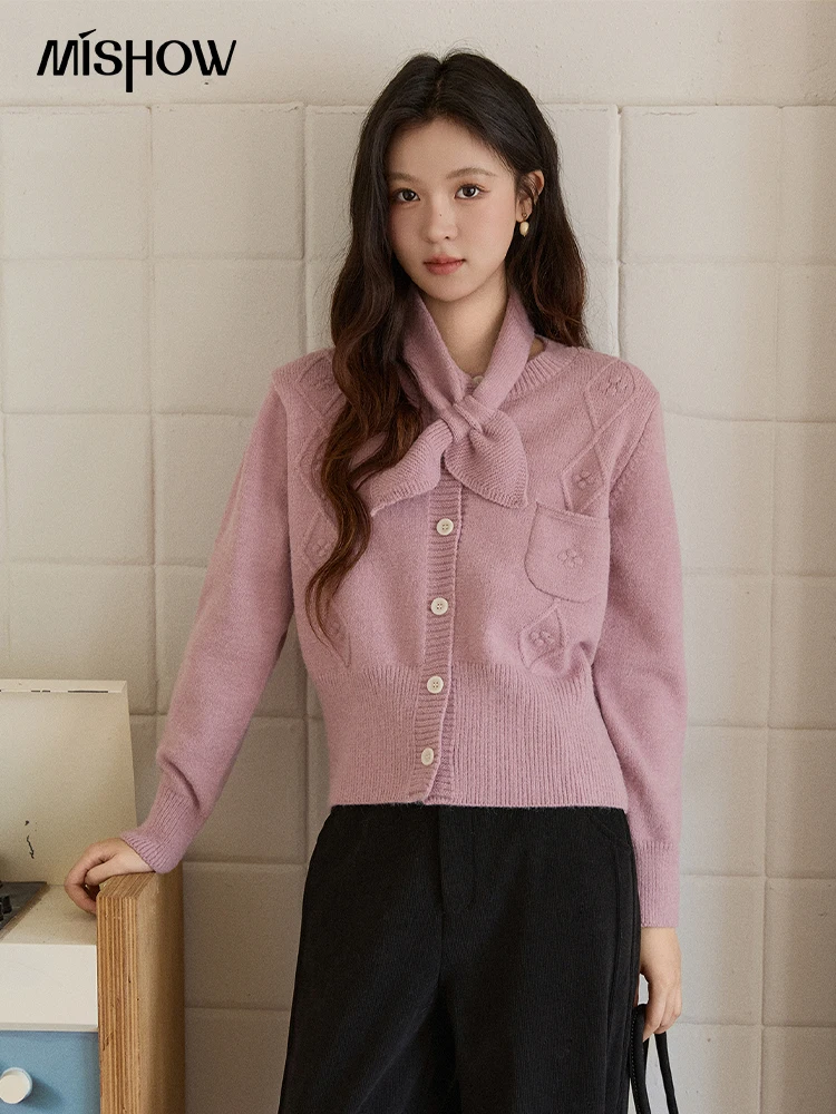 

MISHOW Detachable Scarf Sweater for Women 2025 Autumn Winter Taro Purple Casual Warm Tops Soft Thick Knitted Sweater MXE91Z2825