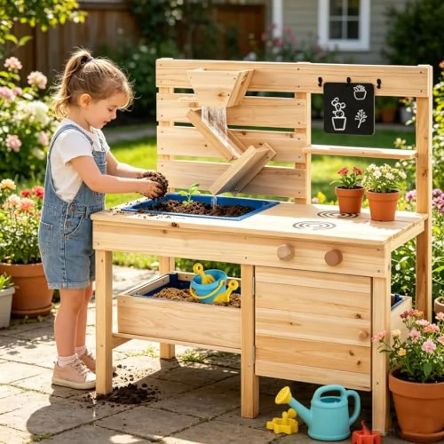 

Outdoor mud kitchen and sandbox combo for toddlers: cedar wood natural color removable sink with cook accessories sand funnel a