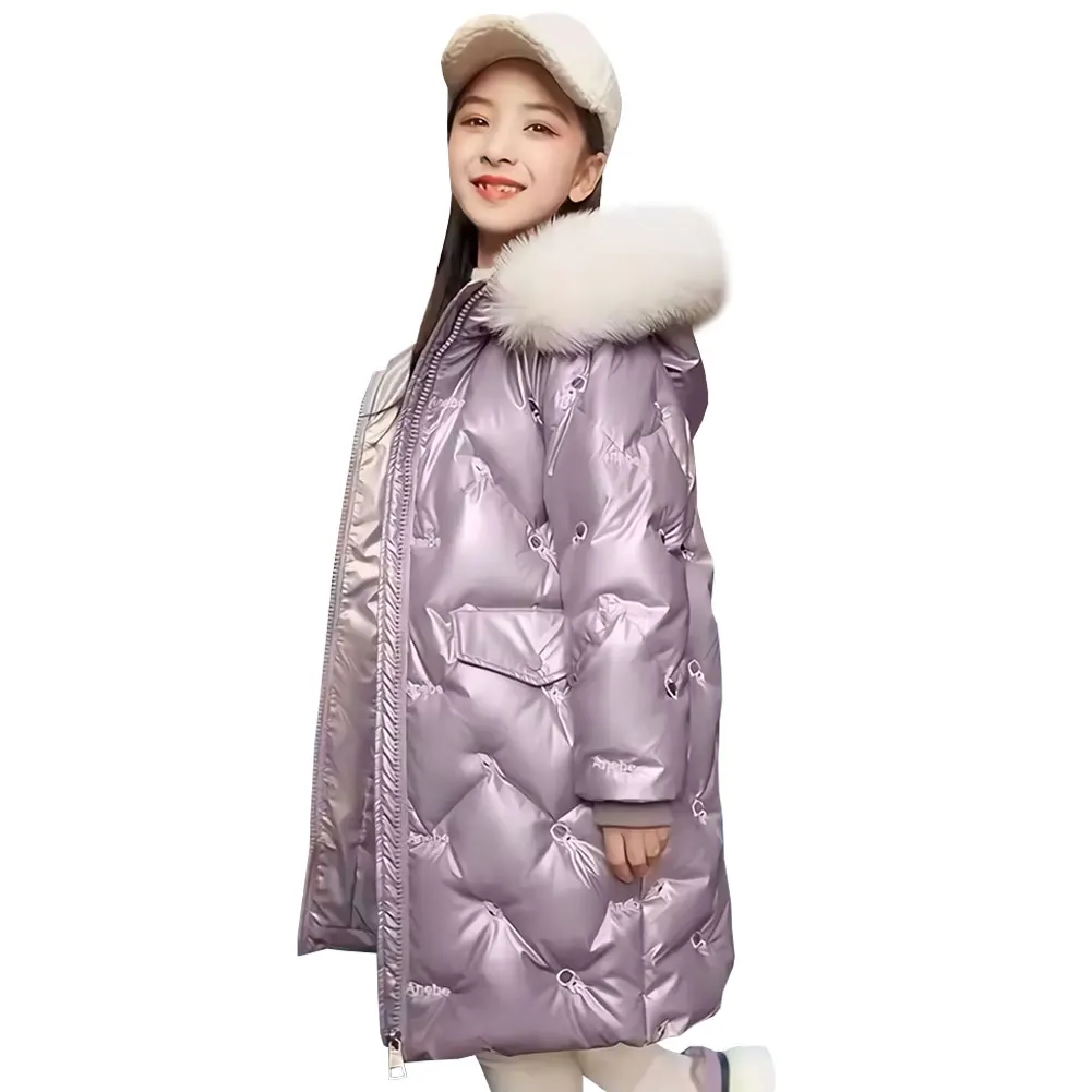 

White Duck Down Girls' Winter Jacket with Fur Hooded Children's Puffer Coat Crown Embroideried Thicken Warm Snowsuit Outerwear