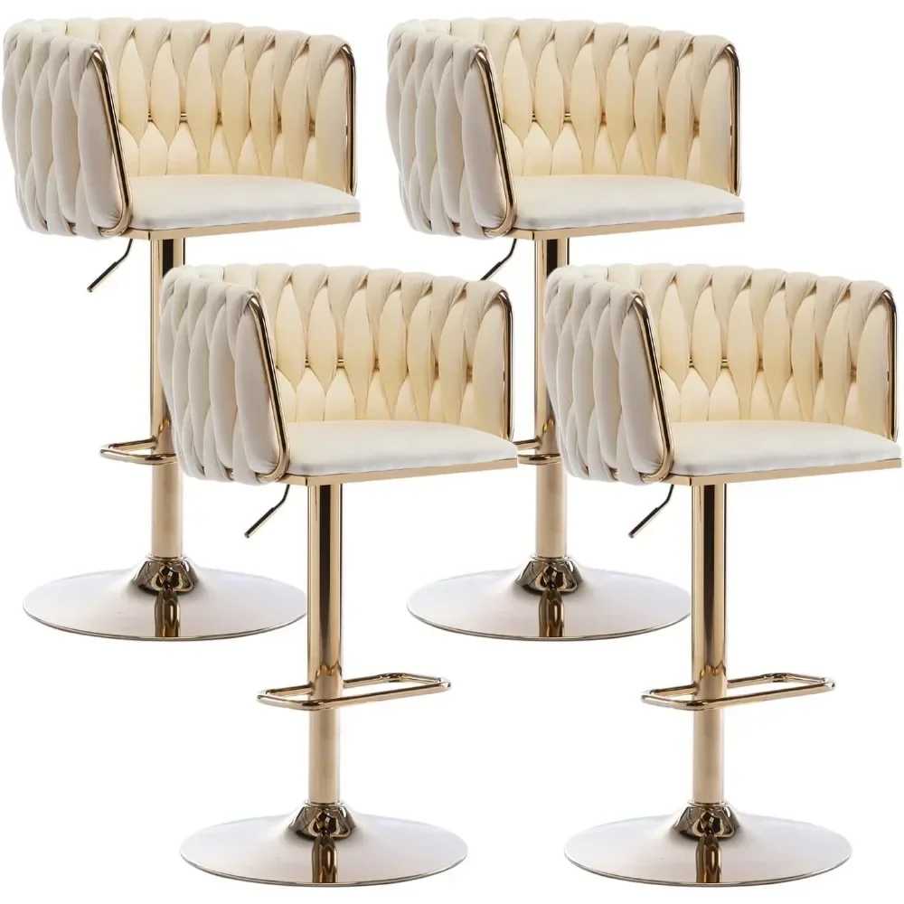 

360° Velvet Swivel Bar Stools Set of 4, Adjustable Counter Height Bar Chairs with Woven Back & Footrest, Luxury Gold Bar Stools