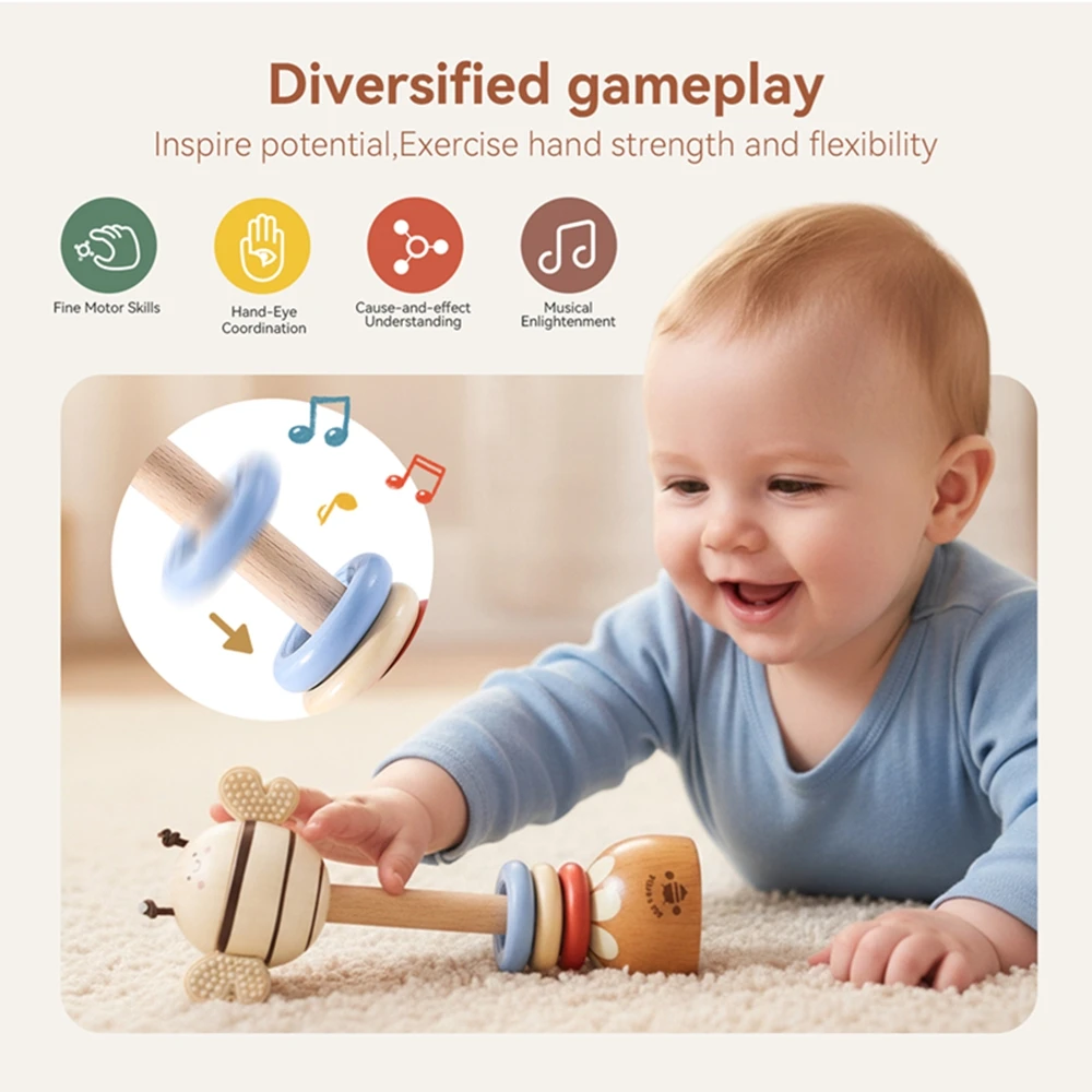 나무로 만든 만화 벌 딸랑이 장난감 몬테소리 음악 장난감 0-12개월 유아 음악 감각 발달 악기 선물