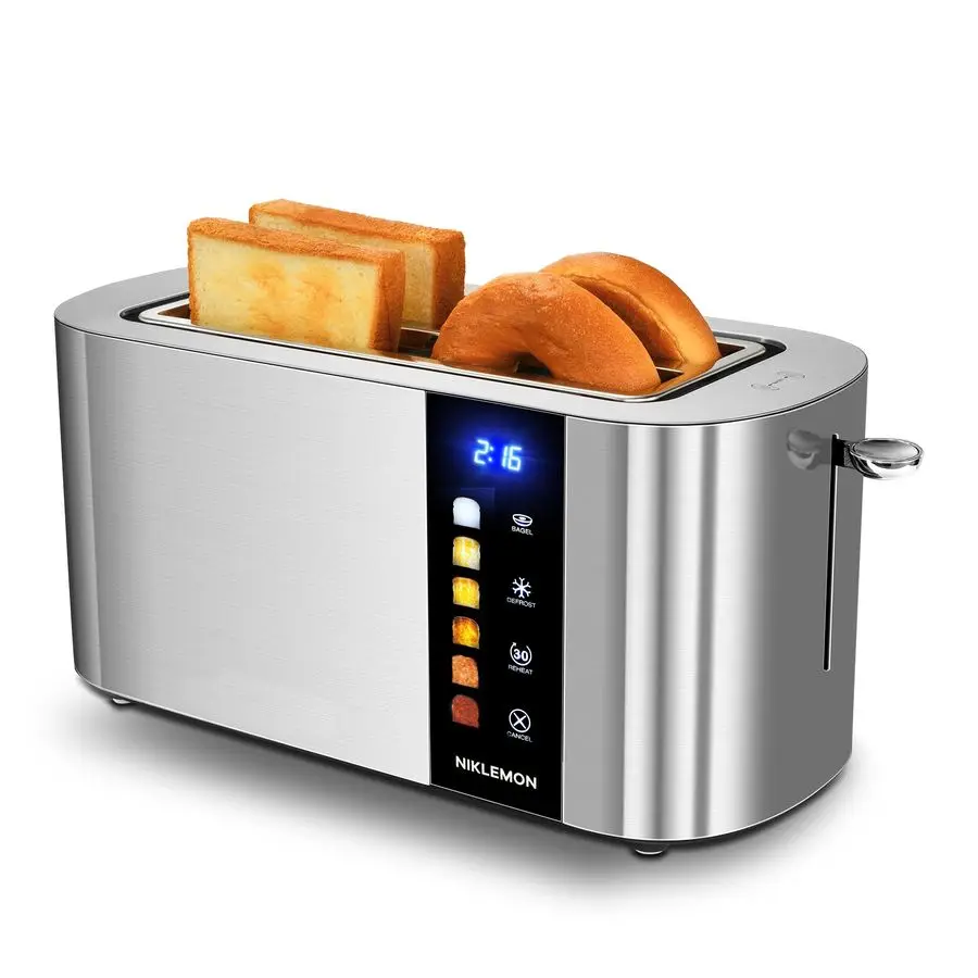 Slice Toaster, Full Stainless Steel Toaster with LED Display, Touch Buttons with Long Extra Wide Slots, Bagel, Defrost, Reheat,