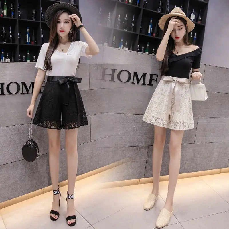 Summer Lace Shorts 2024 New Women Lace Ribbon Bow Wide Leg A-line Shorts Korean Style Sweet Casual Shorts Female Flower Culottes