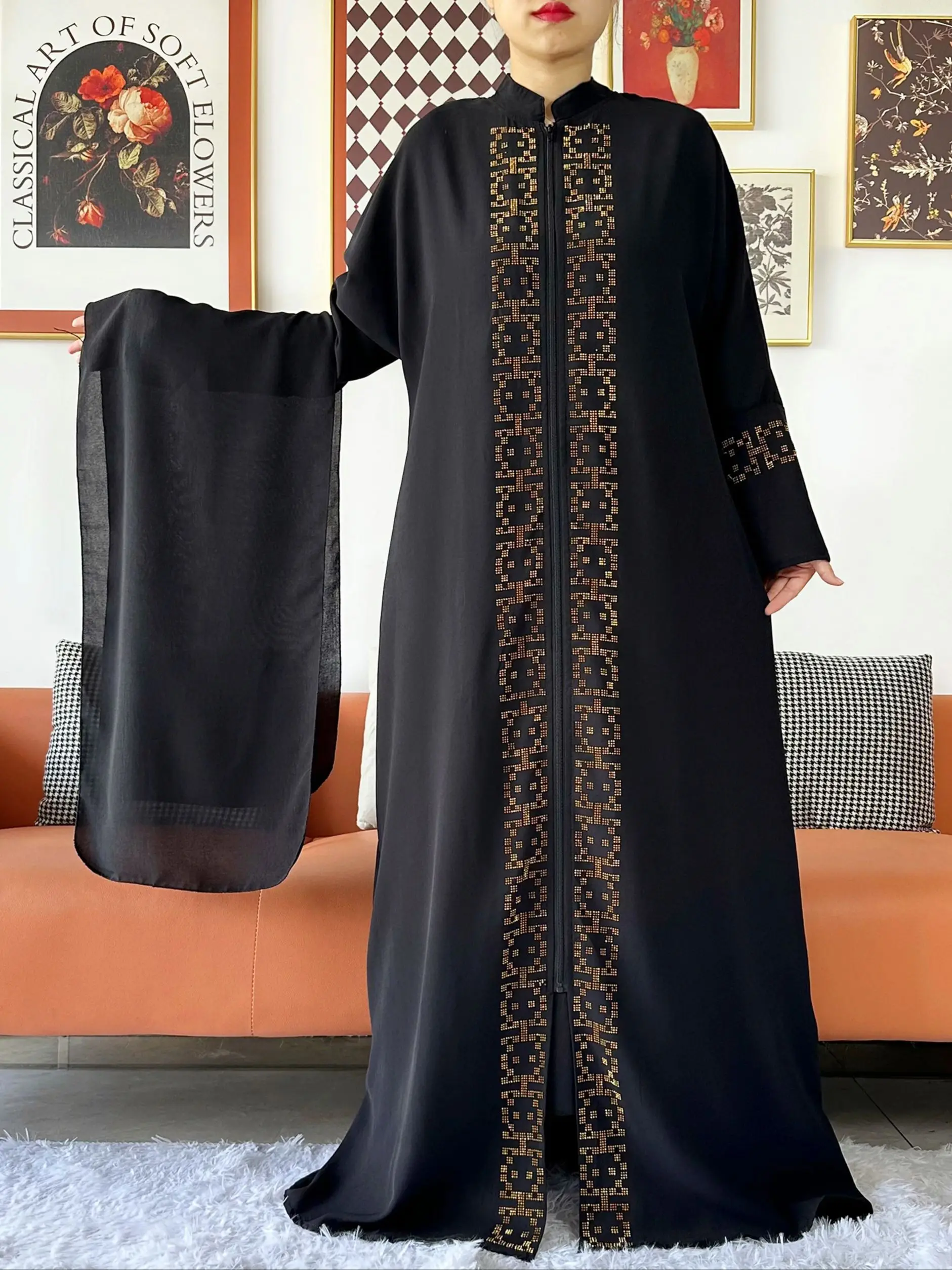 Vestido tradicional musulmán de Ramadán de manga larga con cuello alto para mujer, cárdigan abierto Abaya, caftán de Dubái, ropa de Kimono islámica