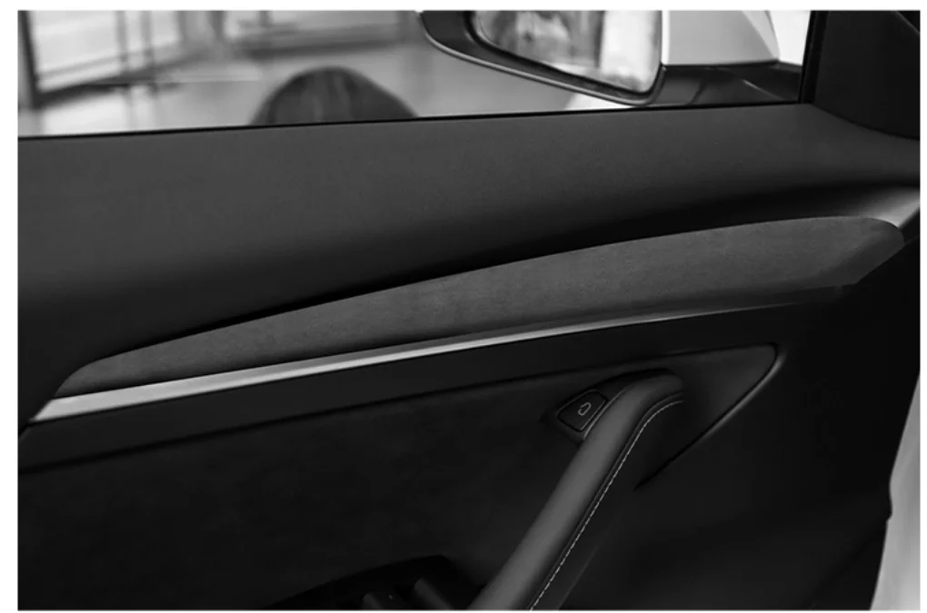 ل تسلا نموذج 3 2018-2023 الداخلية تعديل لوحة القيادة/باب غطاء خشبي الجلد المدبوغ Frabics الباب ديكور ملصق داش التصميم القوالب