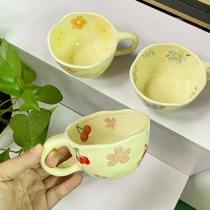 Ceramic Mugs Coffee Cups Hand Pinched Irregular Flower Milk Tea Cup ins korean style Oatmeal Breakfast Mug Drinkware Kitchen