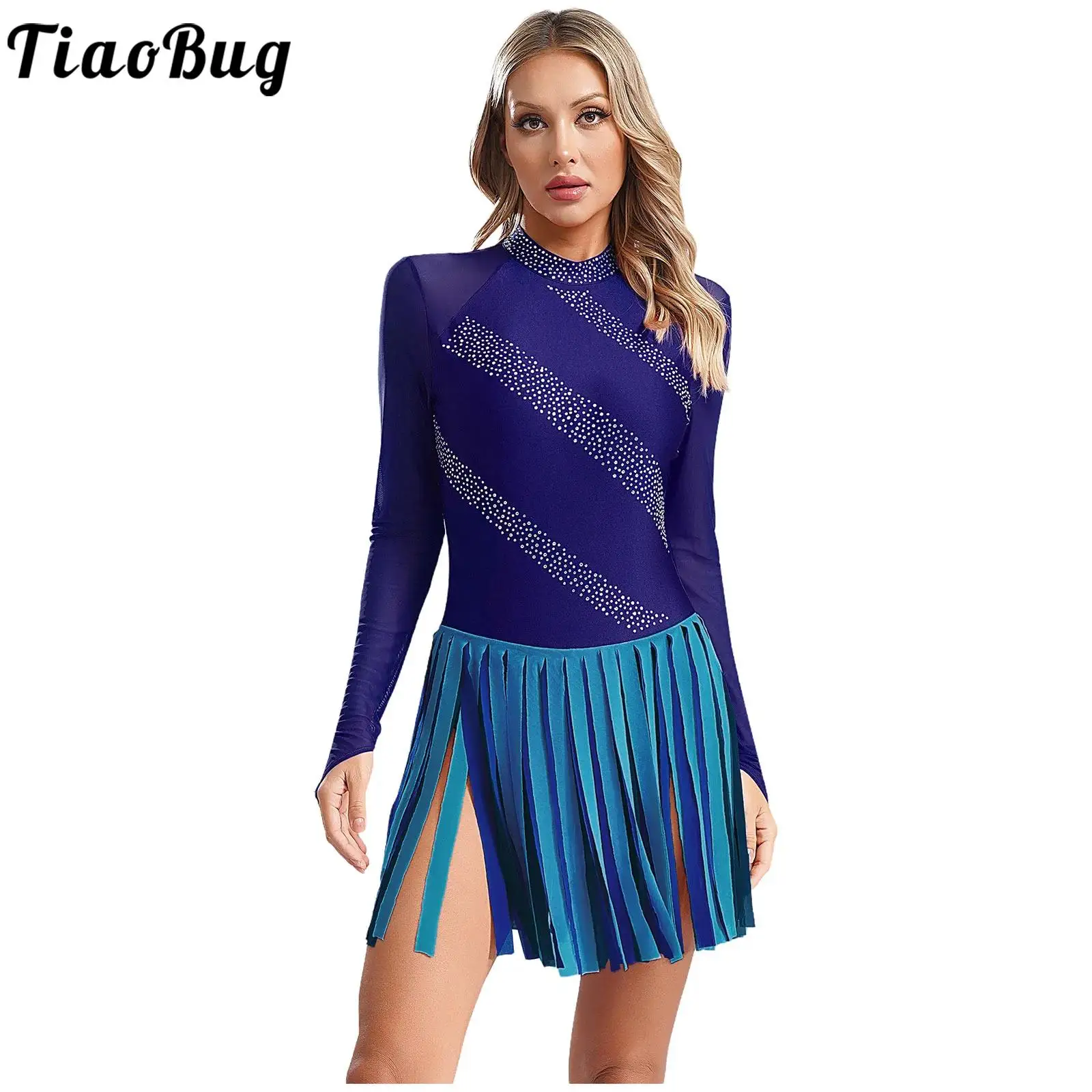 

Women Figure Skating Tassels Skirted Dresses Mesh Long Sleeves Patchwork Leotards Lyrical Modern Dancing Performance Costume