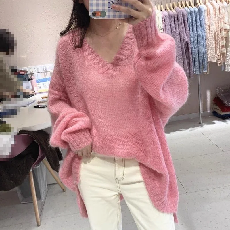 

Women's Loose and Lazy Style Hollow Korean Version Versatile Slim and Fashionable V-neck Sweater Top