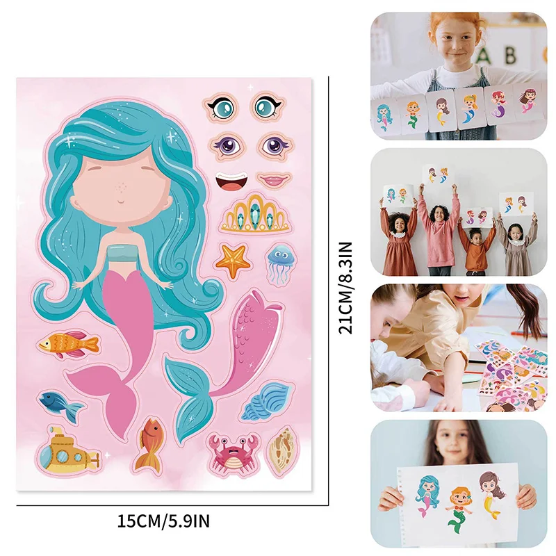 6 Sheets/Set Children DIY Puzzle Sticker Funny Make A Face Handmade Assemble Cute Mermaid Stickers Boys Girls Gift Party Favor