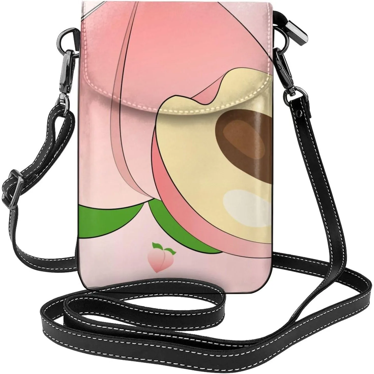 

cartoon peach printing Ladies' mobile phone with leather foreskin, crossbody flip cover, small adjustable shoulder strap