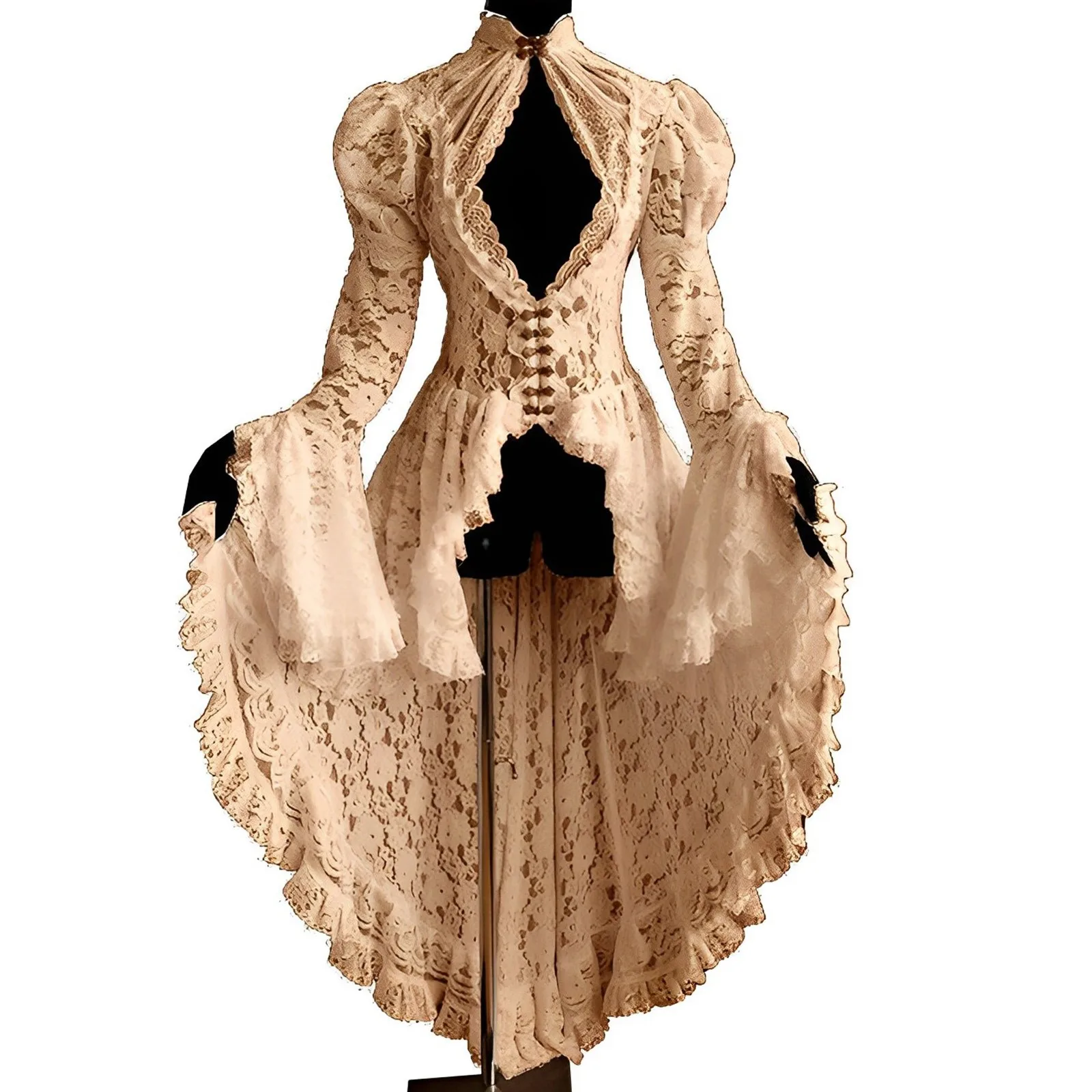 فستان عتيق من عصر النهضة في القرون الوسطى للنساء أزياء تنكرية مزهّرة بأشرطة من الدانتيل فستان محكمة بأكمام جرس فستان قوطي داكن #3