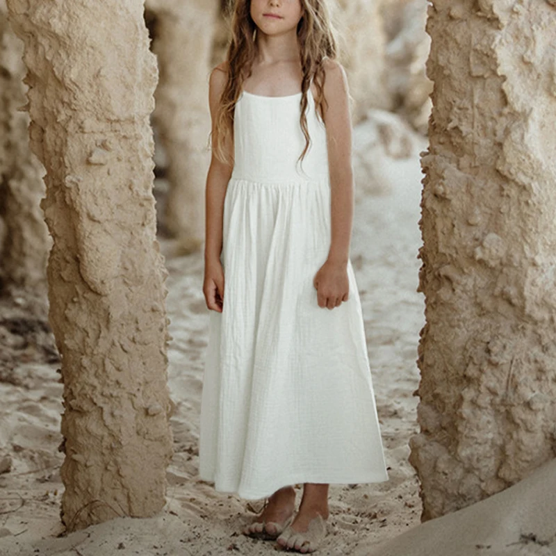 

Summer New Long Flowy Dress Girls 100% Cotton Muslin Sleeveless Straps Backless Lace-up Loose Vacation Beach Sundresses