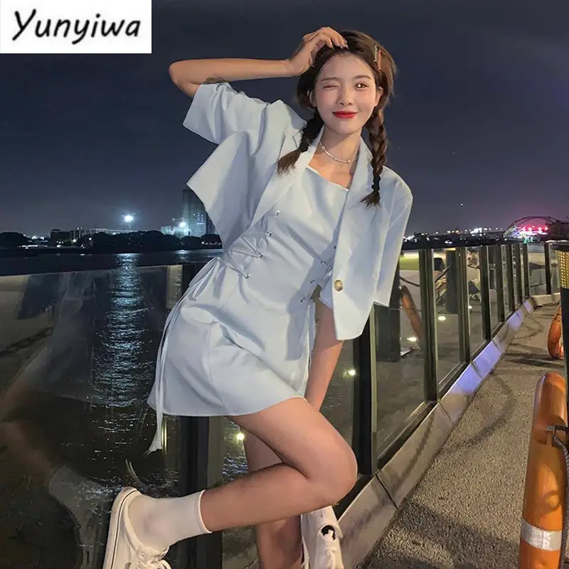 

Dress Sets Women Solid Fashion Bandage Leisure Streetwear All-match Summer Crop Blazer Korean Style Sweet 2 Piece Outfits Female