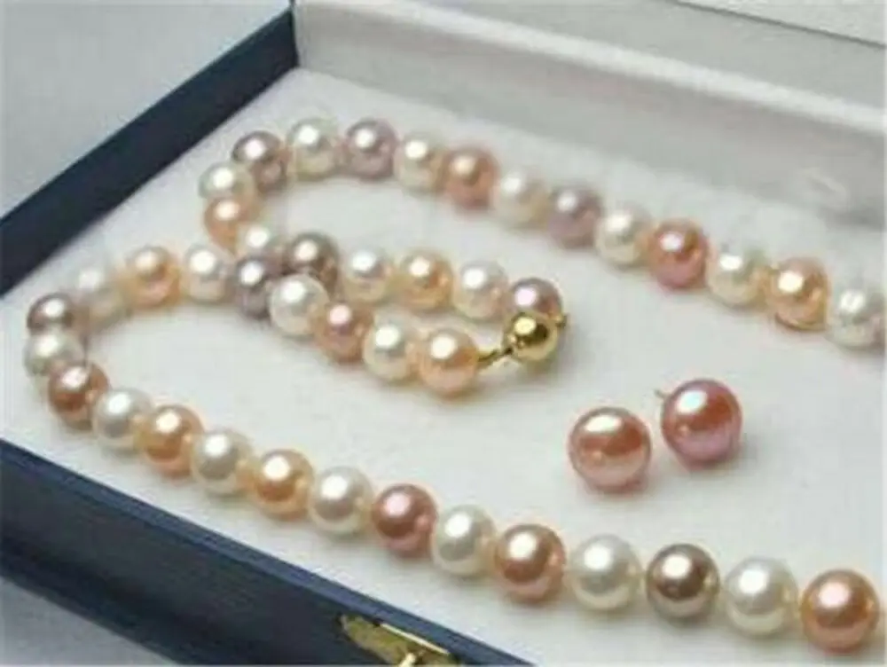 Genuine Natural 7-8mm Multi-color Akoya Pearl Necklace Earrings Set 18'' AAA