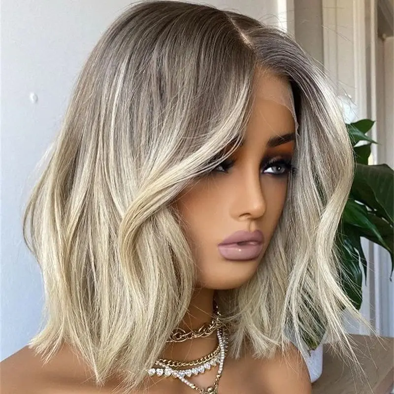 

100% Human Hair Ombre Ash Blonde Short Bob HD Lace Front Wig Brazilain Natural Hairline Wig 180% Density Preplucked Hairline