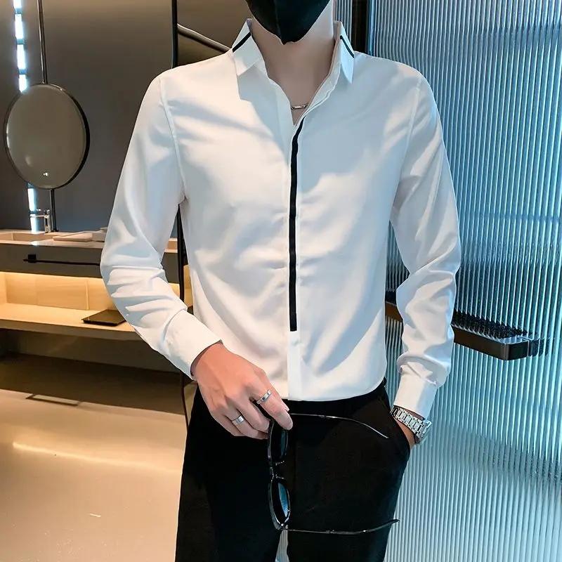 Spring Autumn New Fashion Turn-down Collar Long Sleeve Patchwork Blouse Men\'s Clothing Smart Casual Button Korean Trend Shirts