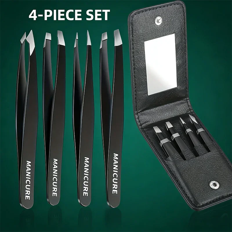 4pcs Stainless Steel Eyebrow Tweezers Set with Double Eyelid Tape & Case Professional Makeup Tools for Eyelash Extension