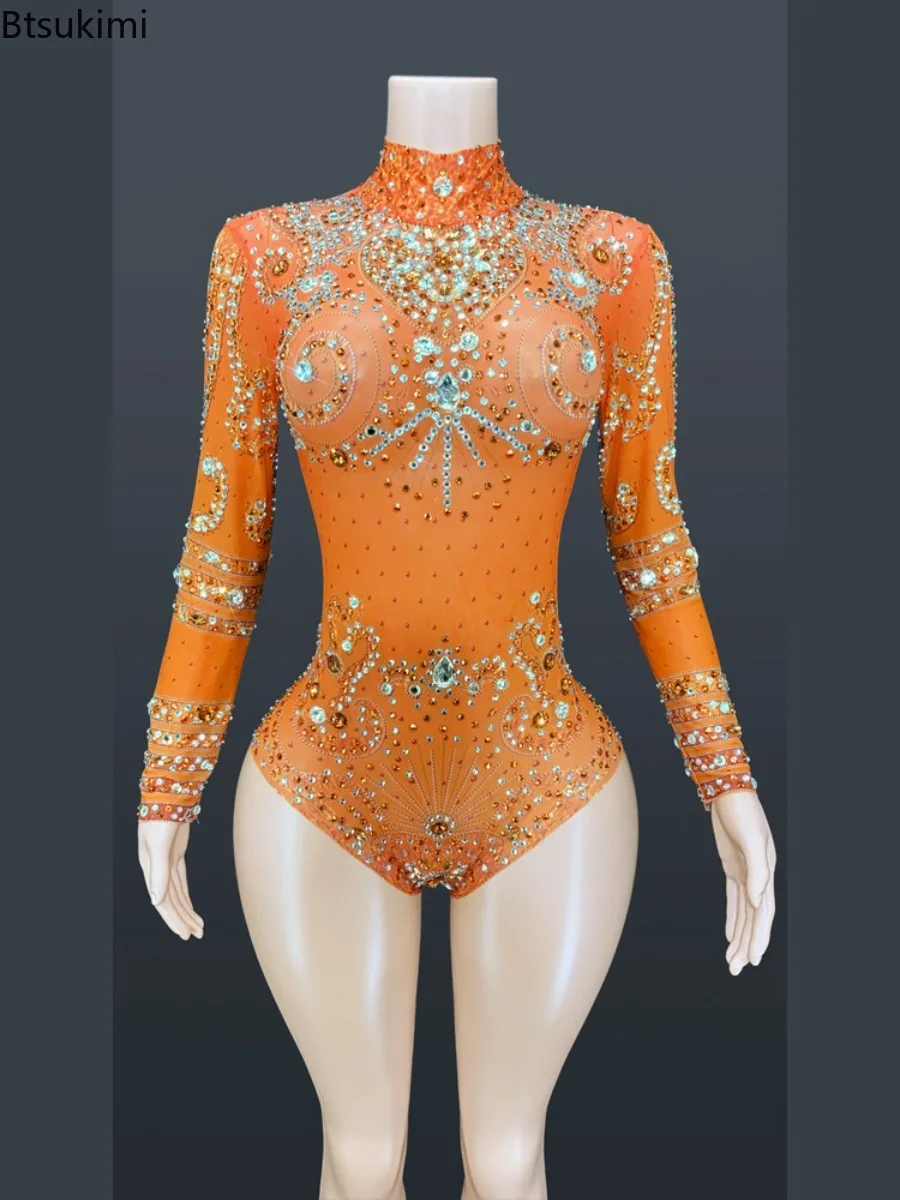Sparkly Crystals Long Sleeve Mesh Transparent Bodysuit Sexy Dance Costume Birthday Party Night Outfit Women Leotard Stage Wear
