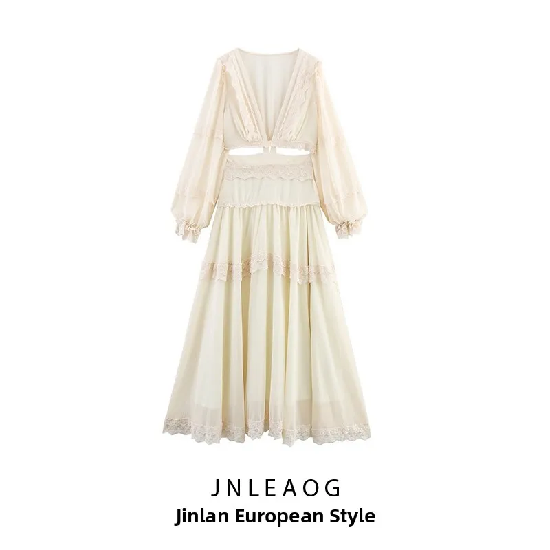 

Новинка! Женское повседневное платье с глубоким V-образным вырезом, из полиэстера, с высокой талией, на молнии, с тяжелой вышивкой и кружевом, весна-лето.