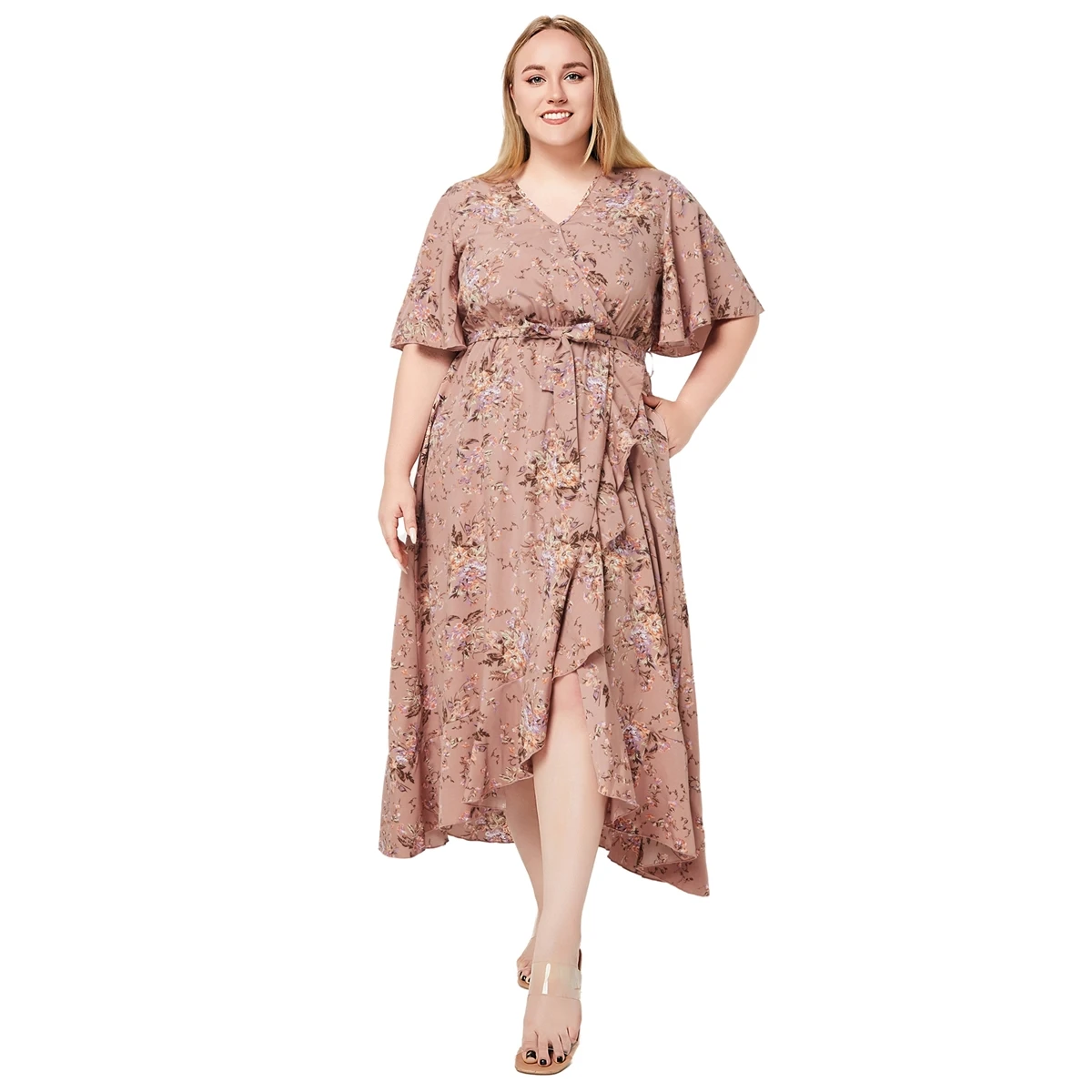 Plus Size letnie nowe modne dekolt w szpic z krótkim rękawem kwiatowy nadruk sukienki w stylu boho dla kobiet