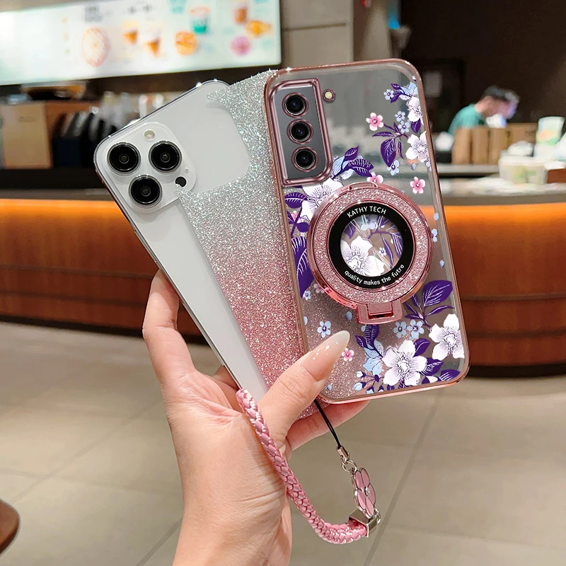 

S21 Purple flowers Plating Bracelet Holder Phone Case For Samsung S21 S21Plus S20FE S30 S10 S9 S21FE S30ULtra S20 S8Plus Cover