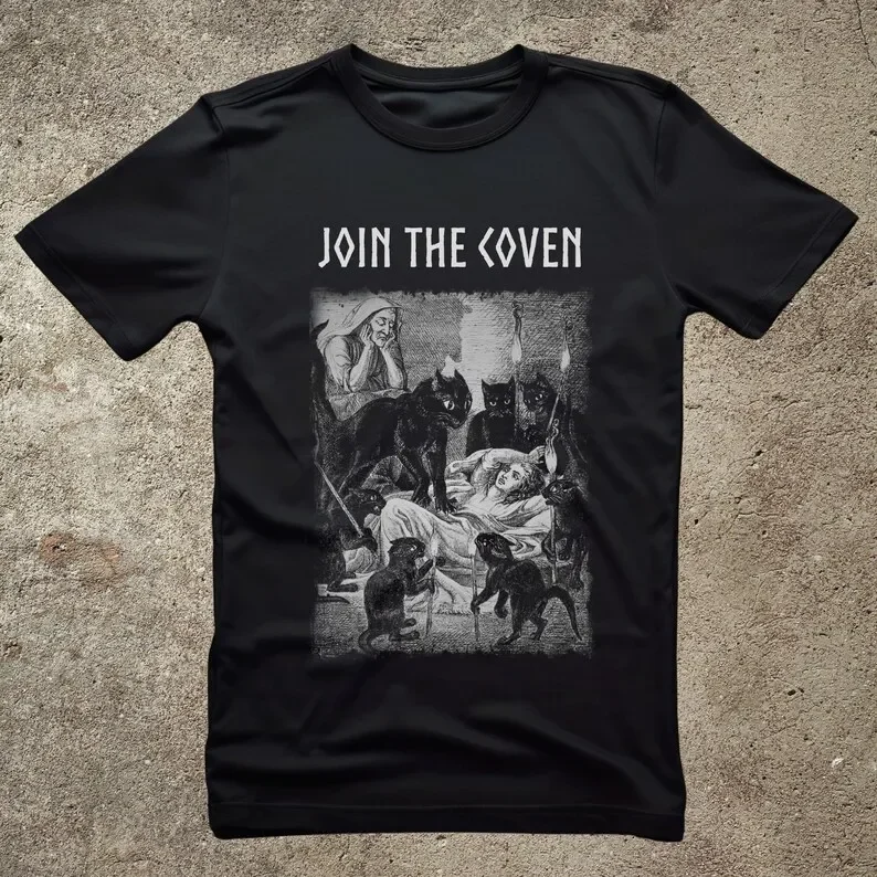 join the coven, witchcraft graphic tee, black cat, black magic t-shirt