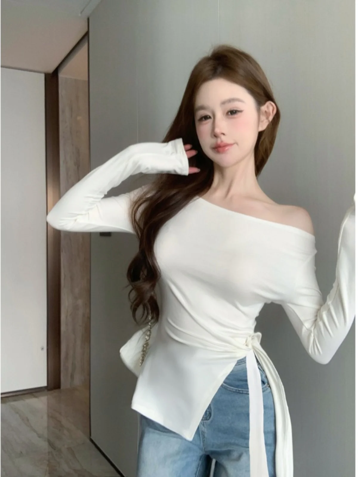 Slim Fit Long Sleeve T-Shirt Women's Korean Style One Shoulder Base Shirt Pure Color Slimming Top Commute Style Spring Season